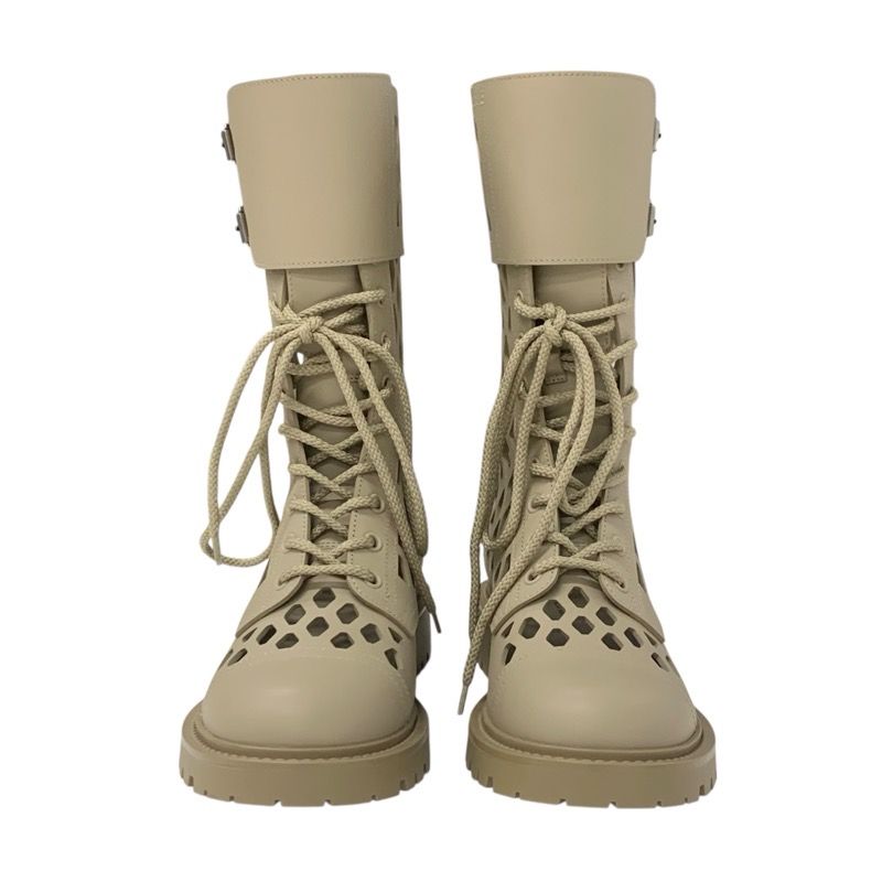 Christian DIOR Boots Long Boots Shoes Leather Beige Unused Mesh Lace-up Medium