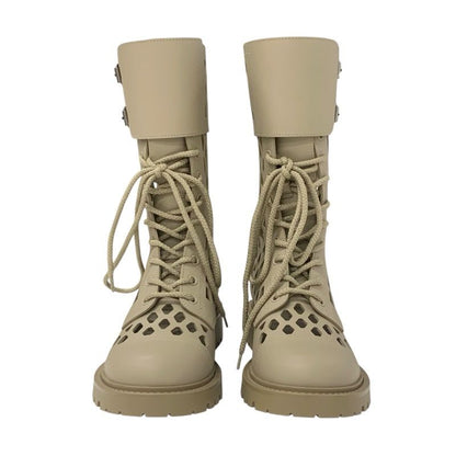 Christian DIOR Boots Long Boots Shoes Leather Beige Unused Mesh Lace-up Medium