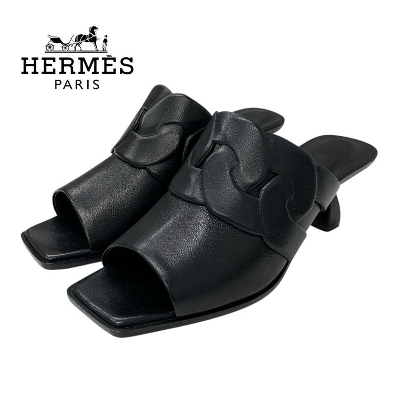 Hermes Hannah 95 Sandals Shoes Leather Black Unused Mules