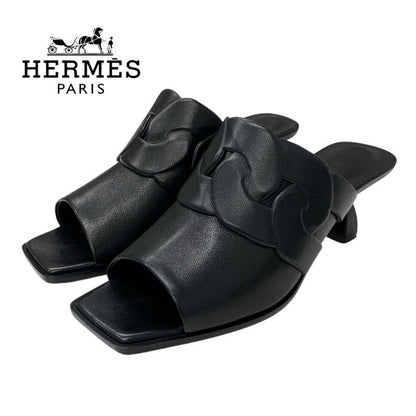 Hermes Hannah 95 Sandals Shoes Leather Black Unused Mules
