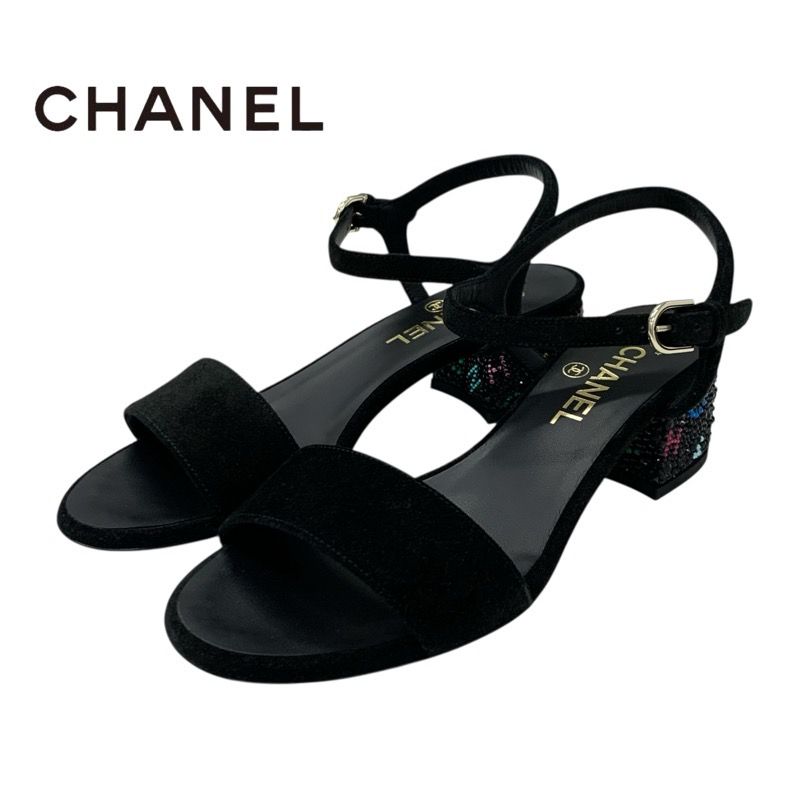 Chanel Sandals Shoes Suede Black Multicolor Black Here Mark Rhinestone Strap