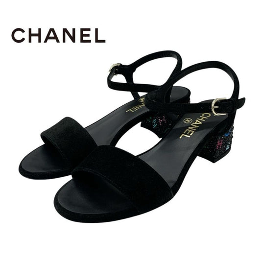 Chanel Sandals Shoes Suede Black Multicolor Black Here Mark Rhinestone Strap