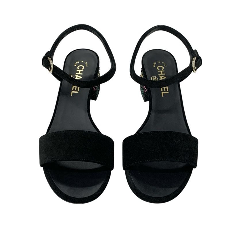 Chanel Sandals Shoes Suede Black Multicolor Black Here Mark Rhinestone Strap