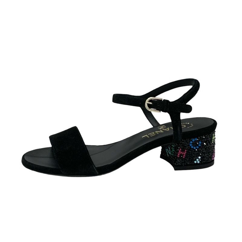 Chanel Sandals Shoes Suede Black Multicolor Black Here Mark Rhinestone Strap