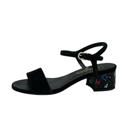 Chanel Sandals Shoes Suede Black Multicolor Black Here Mark Rhinestone Strap
