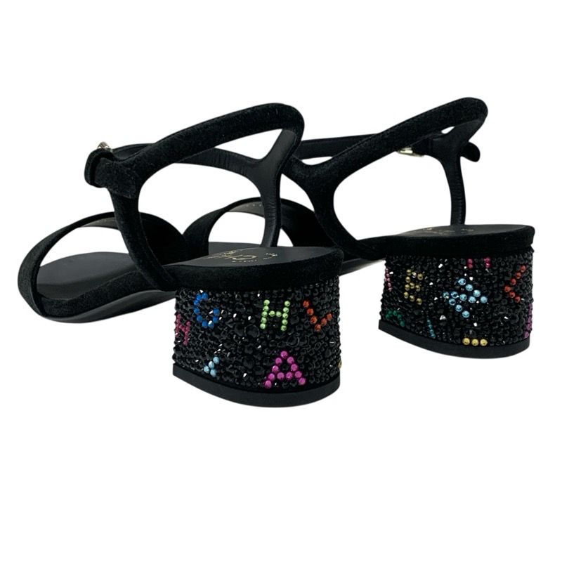 Chanel Sandals Shoes Suede Black Multicolor Black Here Mark Rhinestone Strap