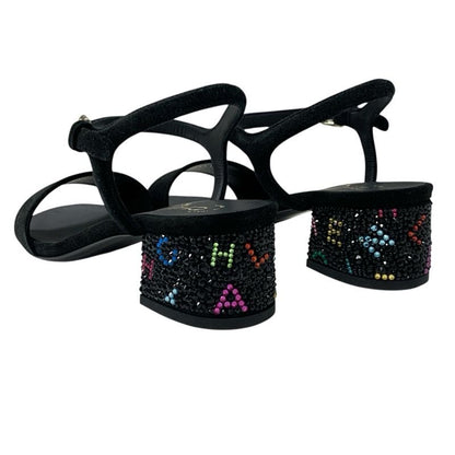 Chanel Sandals Shoes Suede Black Multicolor Black Here Mark Rhinestone Strap