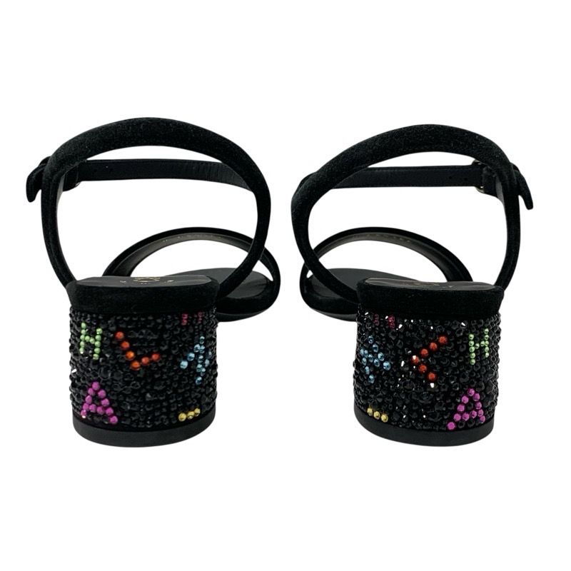 Chanel Sandals Shoes Suede Black Multicolor Black Here Mark Rhinestone Strap