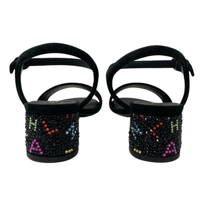 Chanel Sandals Shoes Suede Black Multicolor Black Here Mark Rhinestone Strap
