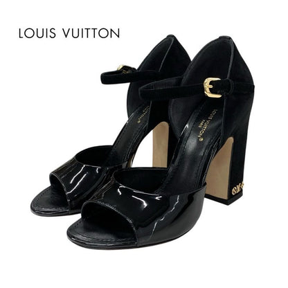 Louis Vuitton Donna Line Sandals Shoes Patent Suede Black Gold Logo