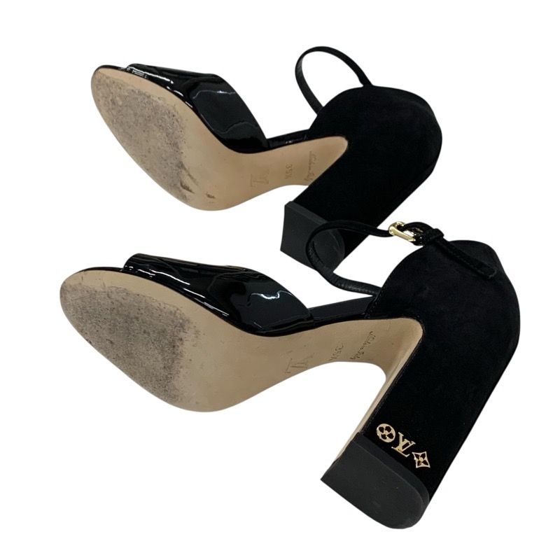 Louis Vuitton Donna Line Sandals Shoes Patent Suede Black Gold Logo