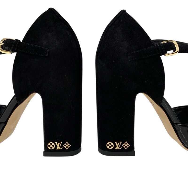 Louis Vuitton Donna Line Sandals Shoes Patent Suede Black Gold Logo