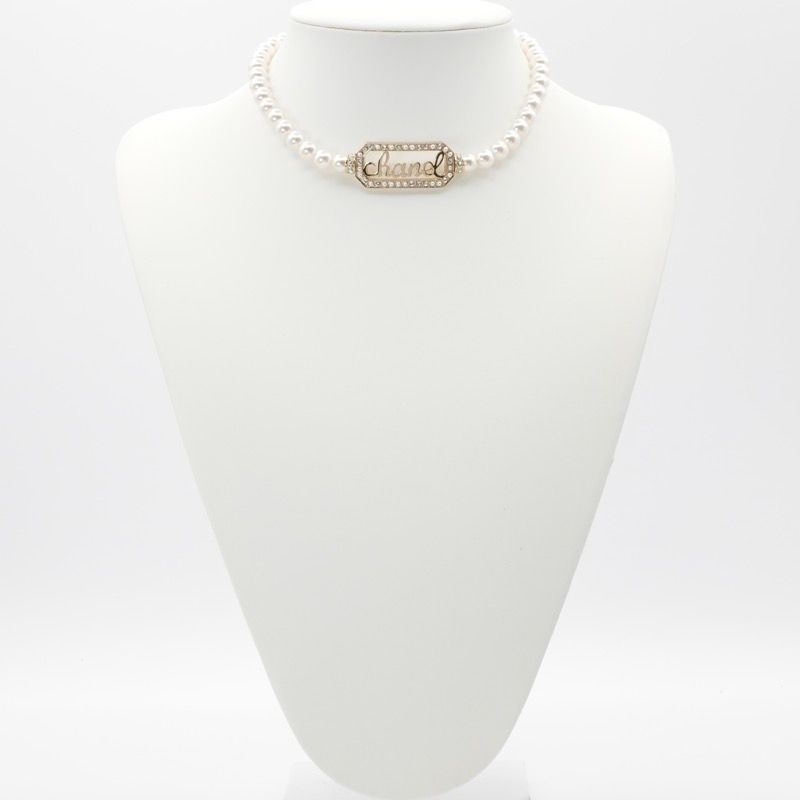 Chanel Necklace Pendant Choker Gold Logo Rhinestone