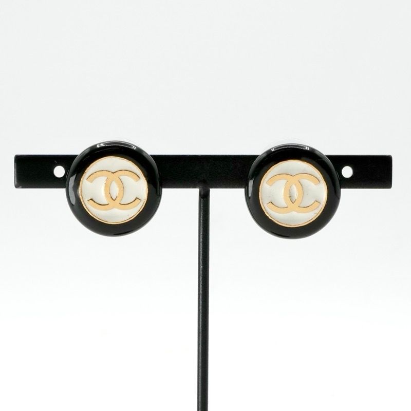 Chanel Earrings Earring Gold Black White Coco Mark Circle