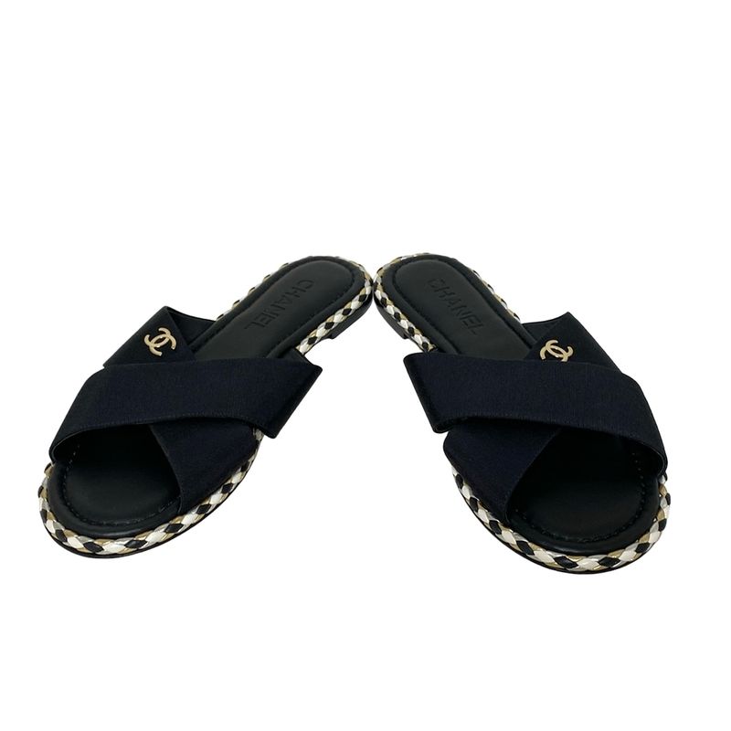 Chanel Sandals 39 C Women - G32825 Black Coco Cross Strap Flat Sandals