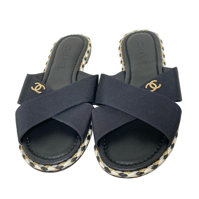 Chanel Sandals 39 C Women - G32825 Black Coco Cross Strap Flat Sandals