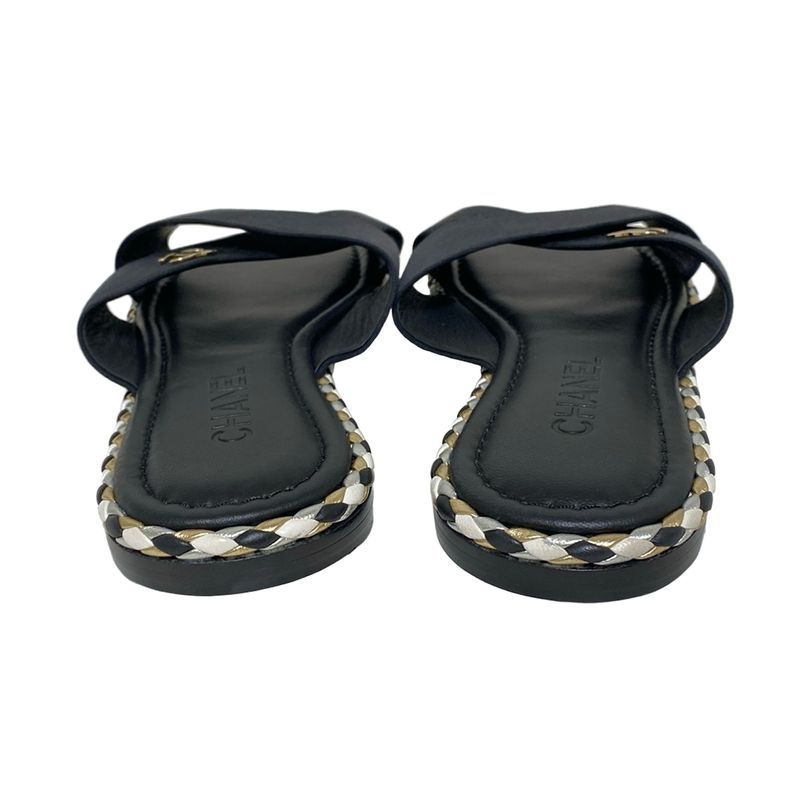 Chanel Sandals 39 C Women - G32825 Black Coco Cross Strap Flat Sandals