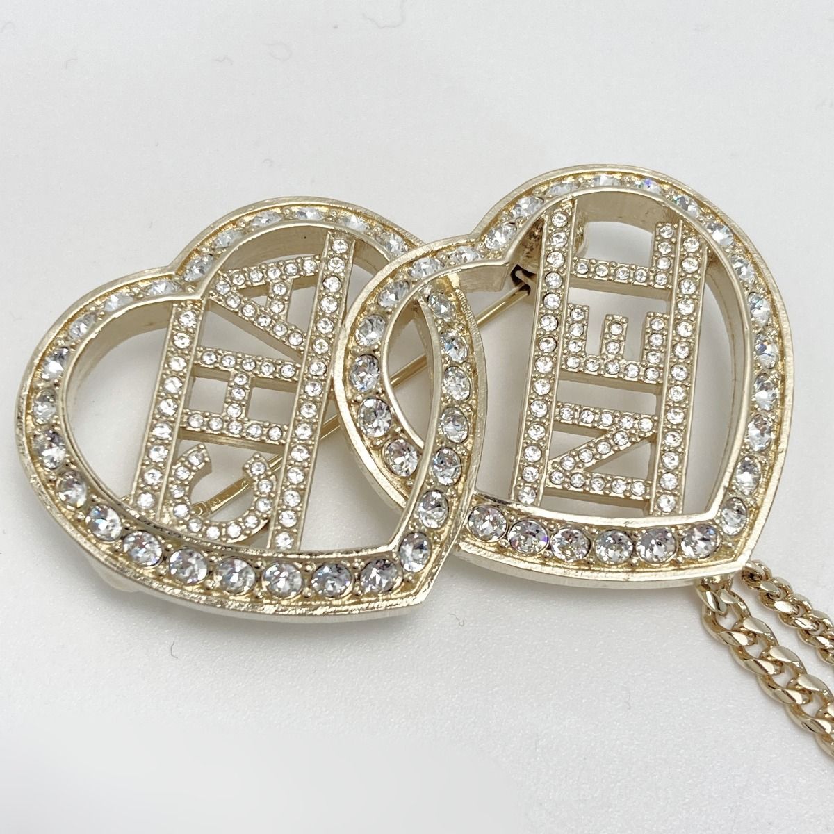 Chanel Cocomark Heart Chain Brooch Gold GP Rhinestone