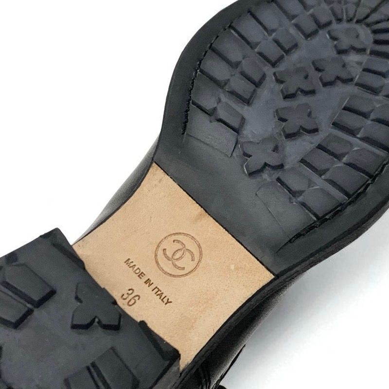 Chanel Boots Short Boots Shoes Leather Black Coco Mark Matelasse Logo Lace-up