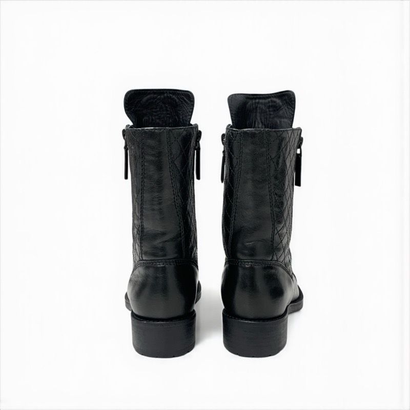 Chanel Boots Short Boots Shoes Leather Black Coco Mark Matelasse Logo Lace-up