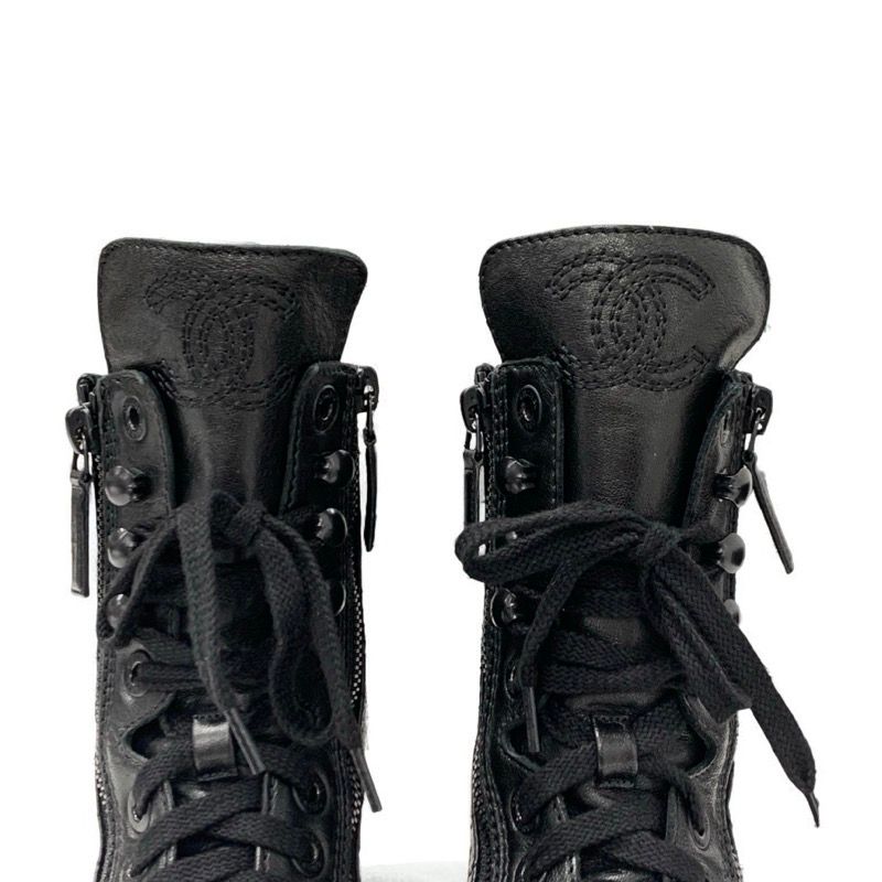 Chanel Boots Short Boots Shoes Leather Black Coco Mark Matelasse Logo Lace-up