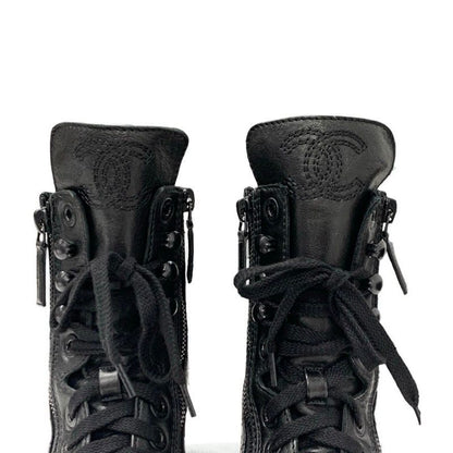 Chanel Boots Short Boots Shoes Leather Black Coco Mark Matelasse Logo Lace-up