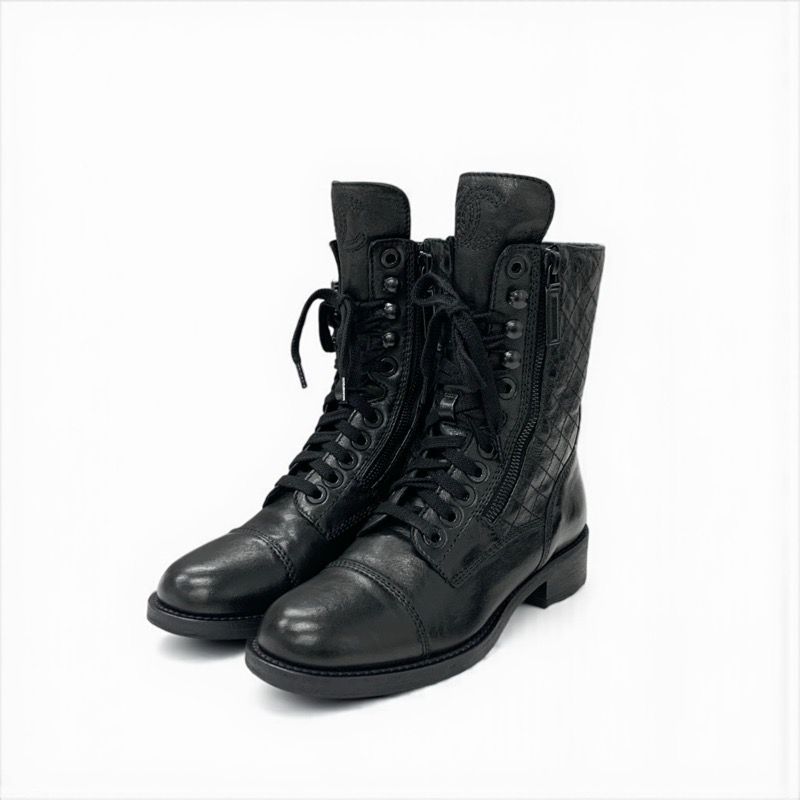 Chanel Boots Short Boots Shoes Leather Black Coco Mark Matelasse Logo Lace-up