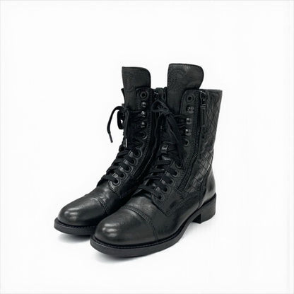 Chanel Boots Short Boots Shoes Leather Black Coco Mark Matelasse Logo Lace-up