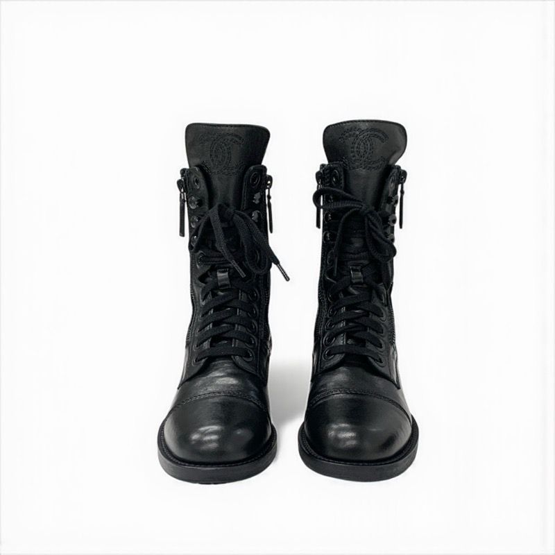 Chanel Boots Short Boots Shoes Leather Black Coco Mark Matelasse Logo Lace-up