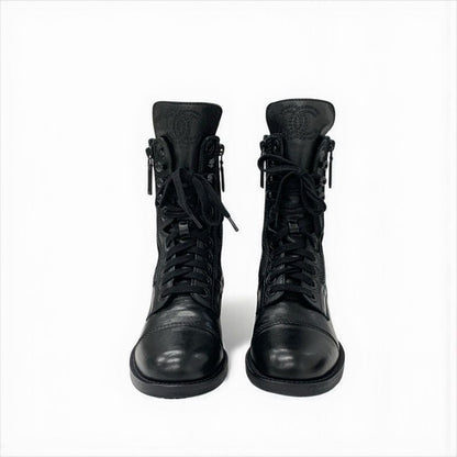 Chanel Boots Short Boots Shoes Leather Black Coco Mark Matelasse Logo Lace-up