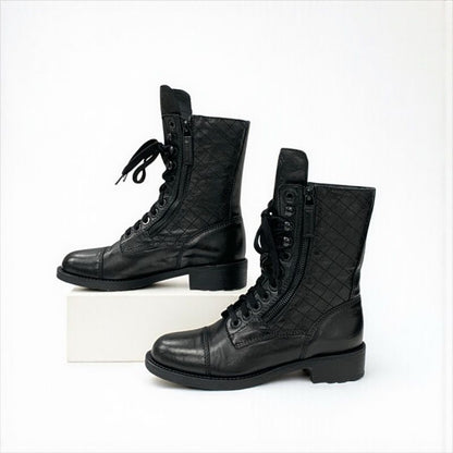 Chanel Boots Short Boots Shoes Leather Black Coco Mark Matelasse Logo Lace-up