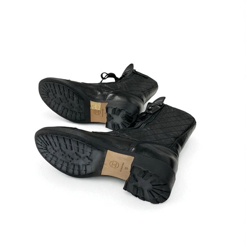 Chanel Boots Short Boots Shoes Leather Black Coco Mark Matelasse Logo Lace-up