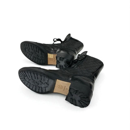 Chanel Boots Short Boots Shoes Leather Black Coco Mark Matelasse Logo Lace-up