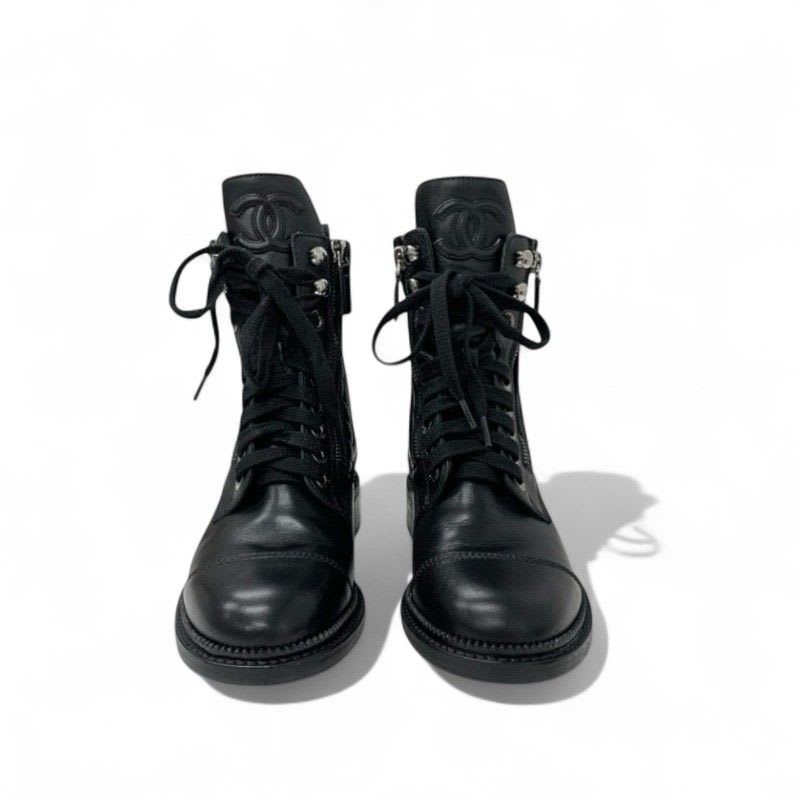 Chanel Boots Short Shoes Leather Black Quilted Lace Up Coco Mark