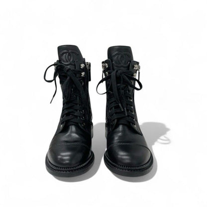 Chanel Boots Short Shoes Leather Black Quilted Lace Up Coco Mark