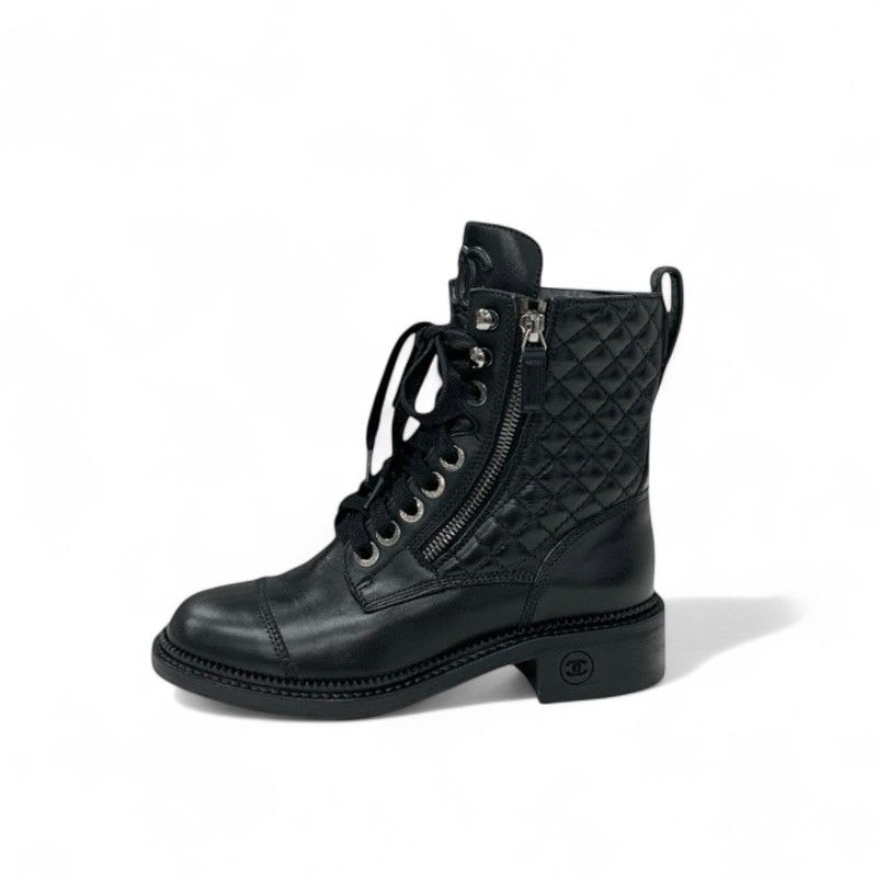 Chanel Boots Short Shoes Leather Black Quilted Lace Up Coco Mark