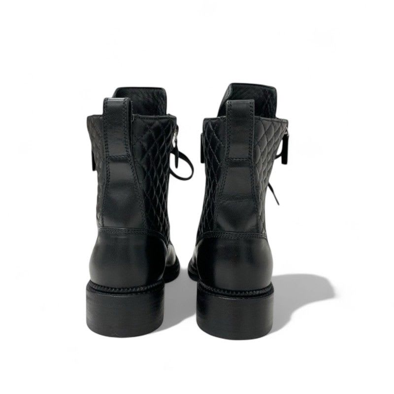Chanel Boots Short Shoes Leather Black Quilted Lace Up Coco Mark