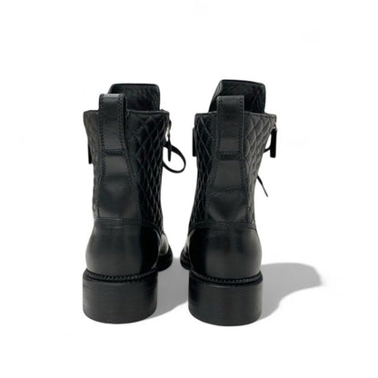 Chanel Boots Short Shoes Leather Black Quilted Lace Up Coco Mark