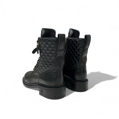 Chanel Boots Short Shoes Leather Black Quilted Lace Up Coco Mark