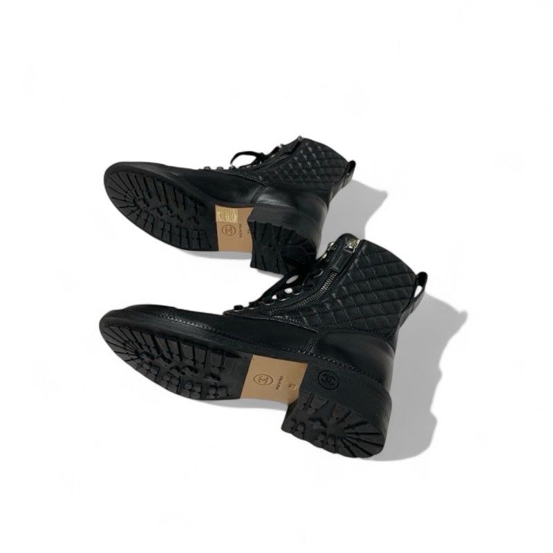 Chanel Boots Short Shoes Leather Black Quilted Lace Up Coco Mark