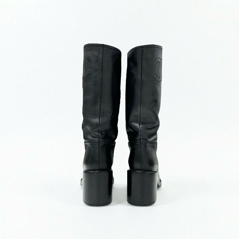 Chanel Boots Long Boots Shoes Calfskin Black Here Mark Middle Boots