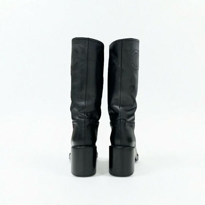Chanel Boots Long Boots Shoes Calfskin Black Here Mark Middle Boots