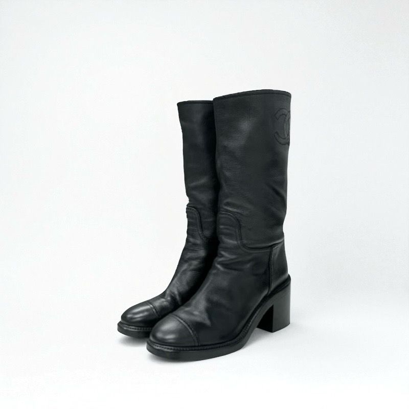 Chanel Boots Long Boots Shoes Calfskin Black Here Mark Middle Boots