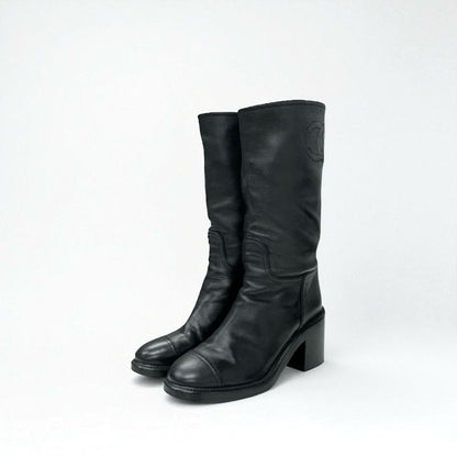 Chanel Boots Long Boots Shoes Calfskin Black Here Mark Middle Boots
