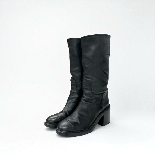 Chanel Boots Long Boots Shoes Calfskin Black Here Mark Middle Boots