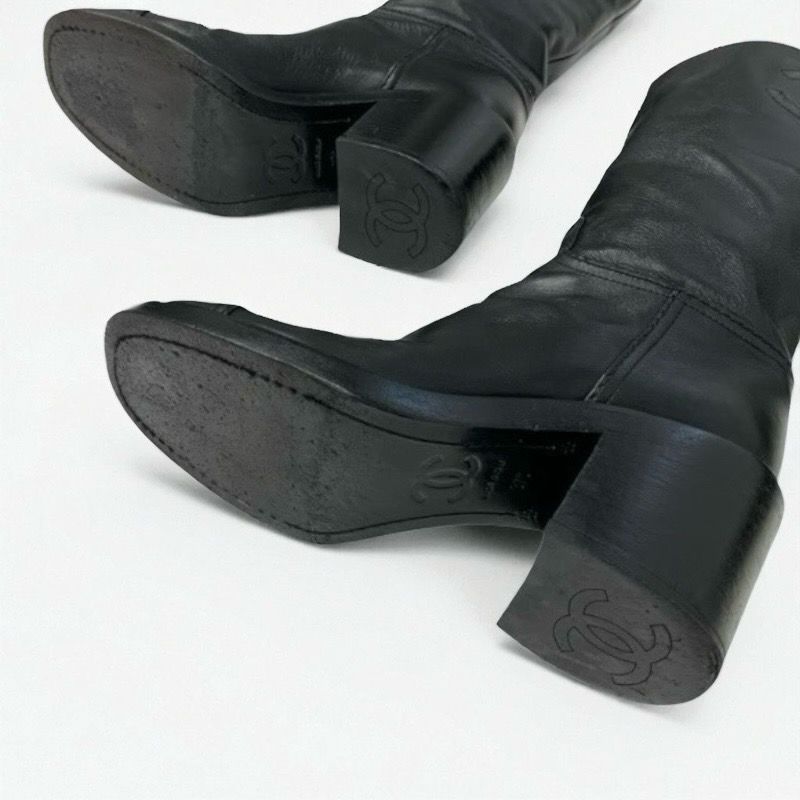 Chanel Boots Long Boots Shoes Calfskin Black Here Mark Middle Boots