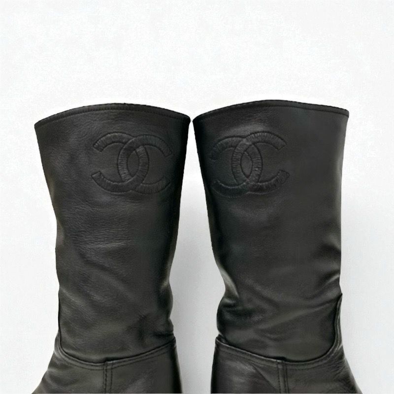 Chanel Boots Long Boots Shoes Calfskin Black Here Mark Middle Boots