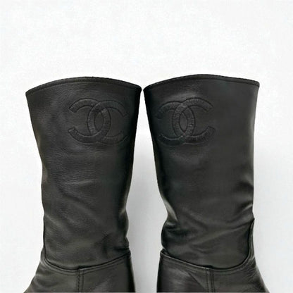 Chanel Boots Long Boots Shoes Calfskin Black Here Mark Middle Boots