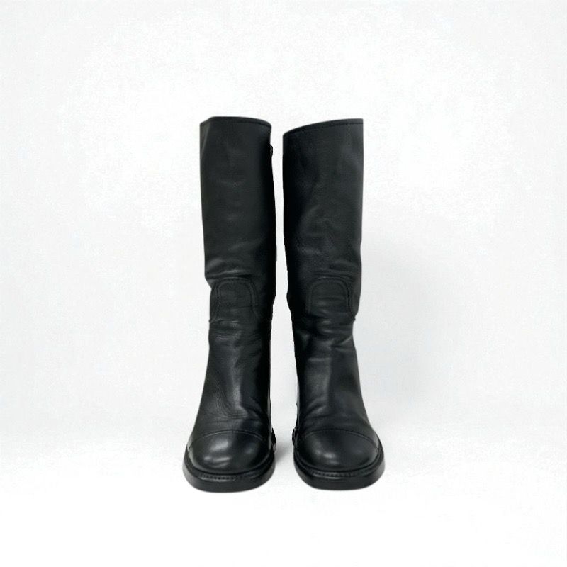 Chanel Boots Long Boots Shoes Calfskin Black Here Mark Middle Boots