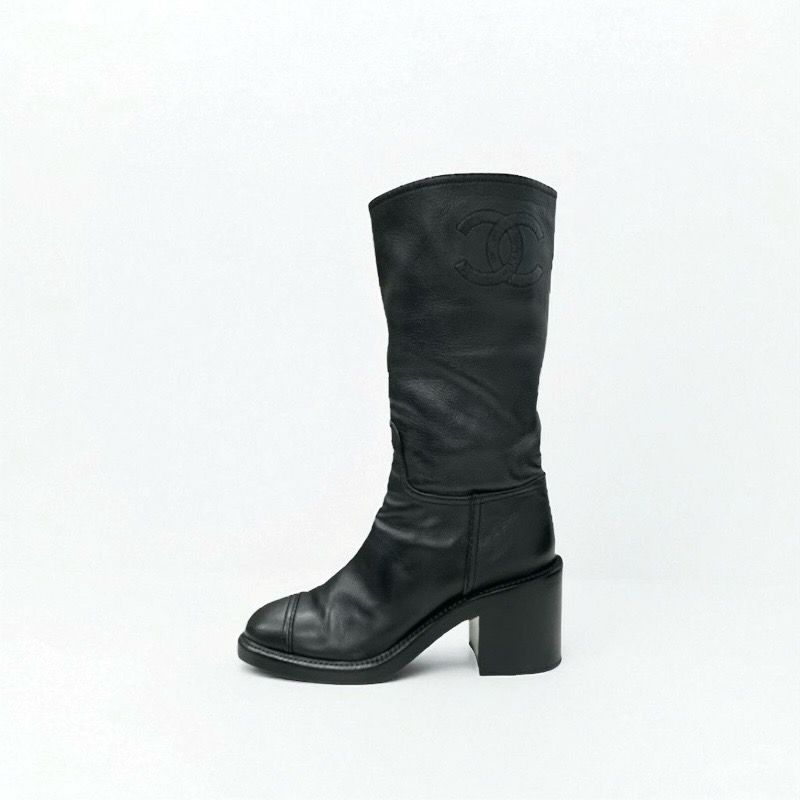 Chanel Boots Long Boots Shoes Calfskin Black Here Mark Middle Boots